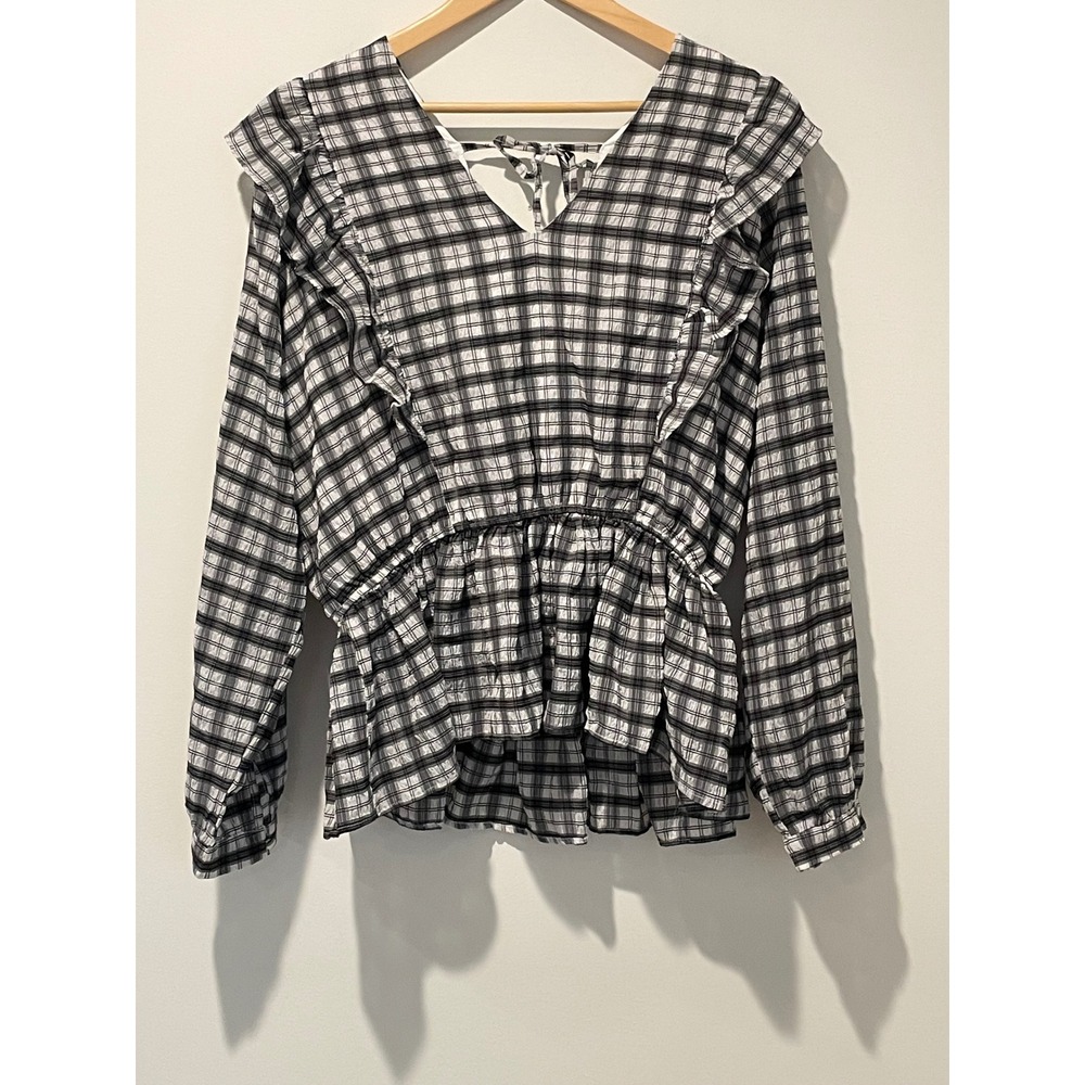 Plaid Ruffle Peplum Blouse‎ A Beautiful Soul Long Sleeve 1X Top